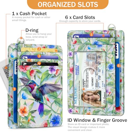 Credit Card Holder Slim Wallet, Hummingbird RFID Wallet Women Front Pocket Small Card Holder, Travel Funny Cute Thin Card Case ID Window PU Leather RFID Blocking Card Organizer Gifts Girls