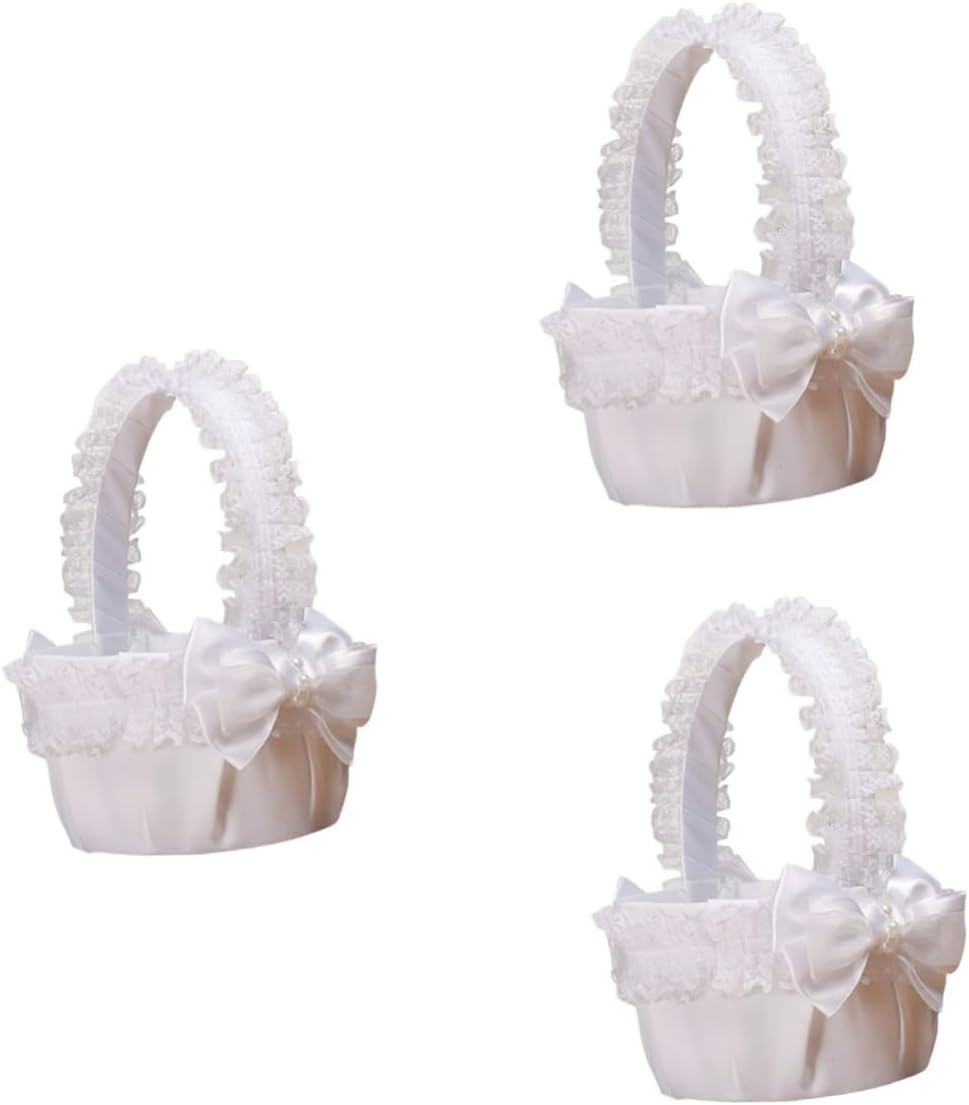 3pcs Flower Girl Baskets for Weddings Lace Bowknot Bridal Basket for Wedding Ceremony Decor