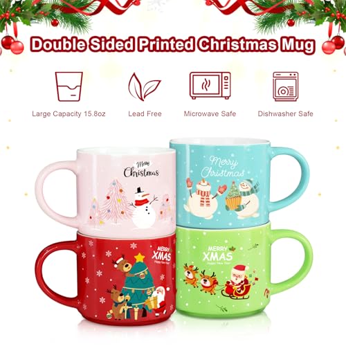 Image of Set of 4 Stackable Christmas Mugs, 15.8 Oz Coffee Mug With Stand, Holiday Hot Cocoa Mugs for Mom Family Colleagues Friend & Farmhouse Cocoa Tray Decor