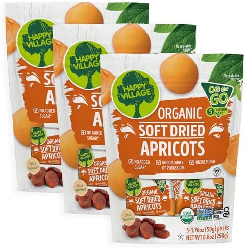 Happy Village Organic Soft Dried Apricots On the Go – 3 Bags (15 Individual Portion Packs) | Healthy, Organic, Non-GMO, Vegan, Kosher, Gluten-Free Snack Packs
