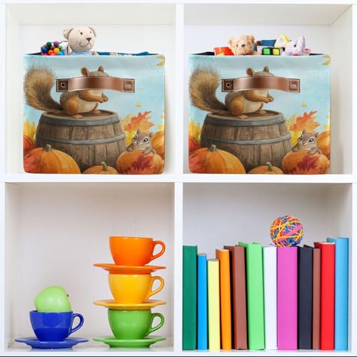 Image of Aslsiy Storage Basket Fall Squirrel Pumpkins Maple Nursery Bins Blue Sky Baby Box Canvas Clothes Shelf Basket Laundry Hampers 2 Pcs