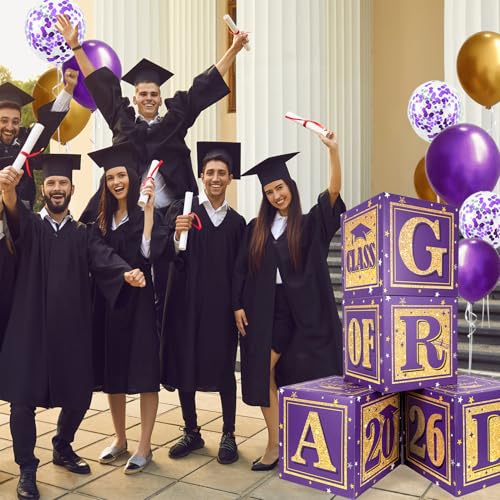 Image of 2026 Graduation Decorations Purple and Gold Class of 2026 Decorations Balloon Boxes with inchGRAD inch and inchCLASS OF 2026 inch Letters Graduation Boxs for High School and College Grad Announcements