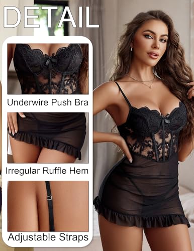 Avidlove Sexy Lingerie for Women Lace Babydoll Dress with Underwire Support Ruffle Hem Hip Chemise Nightgown4