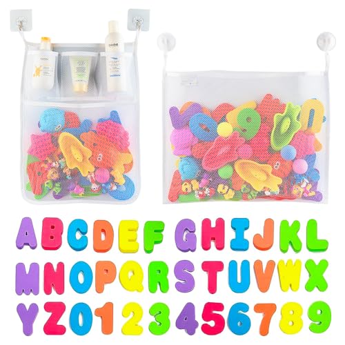 Image of Comfylife 2 x Mesh Bath Toy Organizer + 6 Ultra Strong Hooks + 36 Bath Letters & Numbers – Eco-Safe, Fun, Educational Foam Letters and Perfect Toy Storage Net for Baby Bath Toys & More
