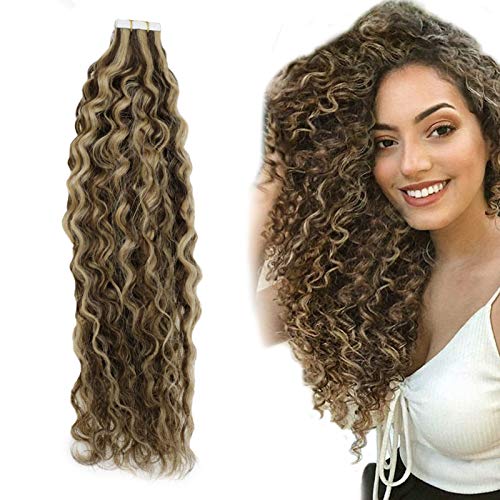 RUNATURE Tape hair Extensions Human Hair 22 Inches Color 4P27 Chocolate Brown Highlighted with Honey Blonde Natural Wave 20Pcs 50g (2.5g Per Piece)