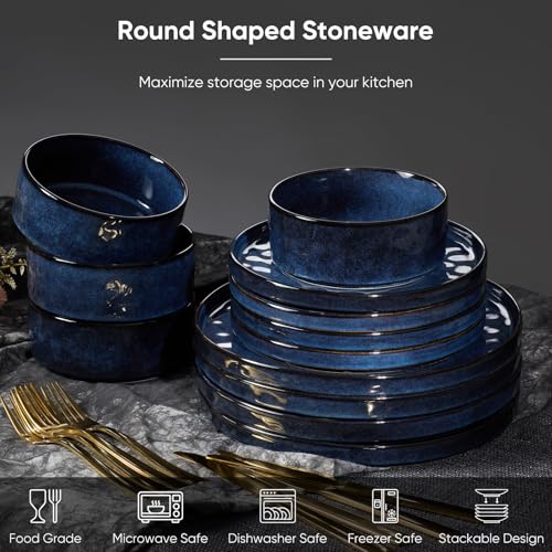 Homikit 12 Piece Dinner Sets, Reactive Glaze Plates and Bowls Set for 4 People, Elegant Dinnerware Stoneware for Kitchen Dinner Camping, Scratch Resistant, Dishwasher & Microwave Safe, Nebulas Blue - Image 6