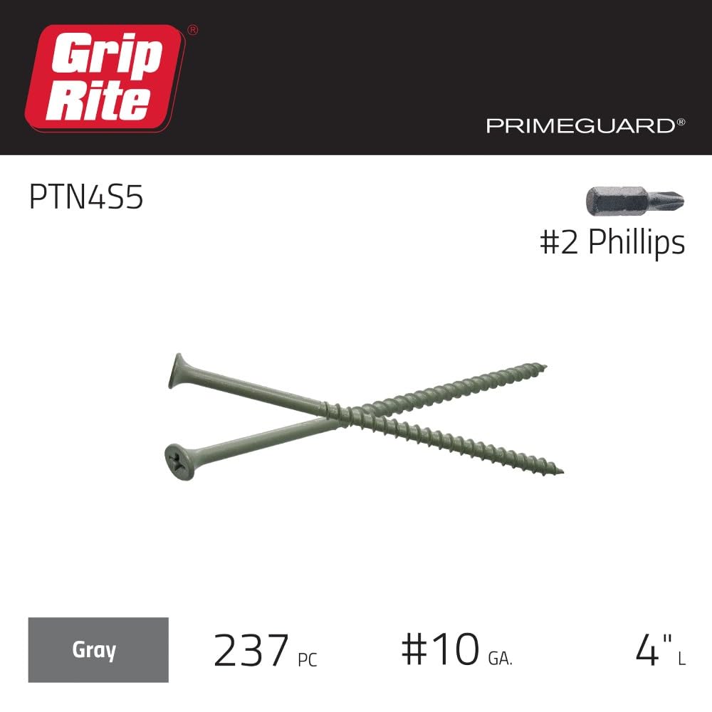 Grip-Rite PTN4S5 PG10 Polymer Coated #10 x 4 Coarse Thread Deck Screw, Gray, 5lb Box