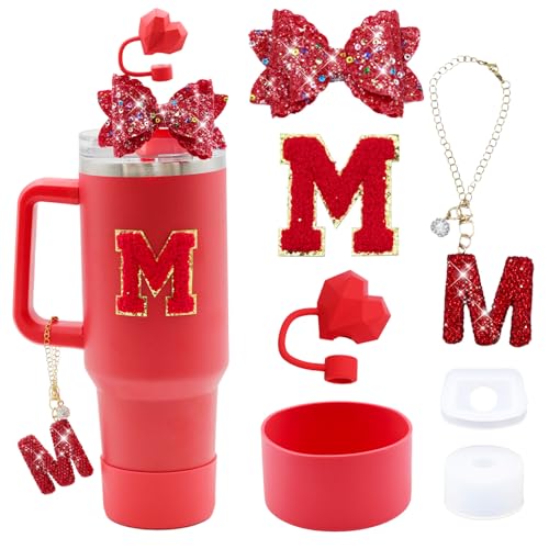 Liangang 7Pcs Red Stanley Cup Accessories Set For Stanley Cup 30oz 40oz tumbler with handle,Including Heart Straw Topper Cover Cap,Letter Charm,Red Shiny Bow,Spill Proof Stopper,Silicone Boot(Red M)