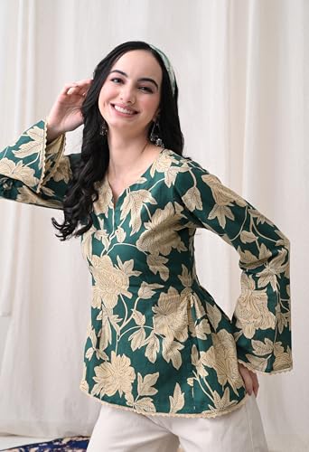 Image of MEERA FAB Women's Summer Floral Printed Cotton Short Kurta Bell Sleeves | Floral Printed Kurta | Short Kurti for Women