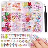 Kikonoke 150PCS Candy Nail Charms for Acrylic Nails, Cute 3D Lollipop Donuts Fruit Nail Art Charms Star Heart Bear Gummy Jewelry Nail Supplies with Tweezers for DIY Crafts Accessories