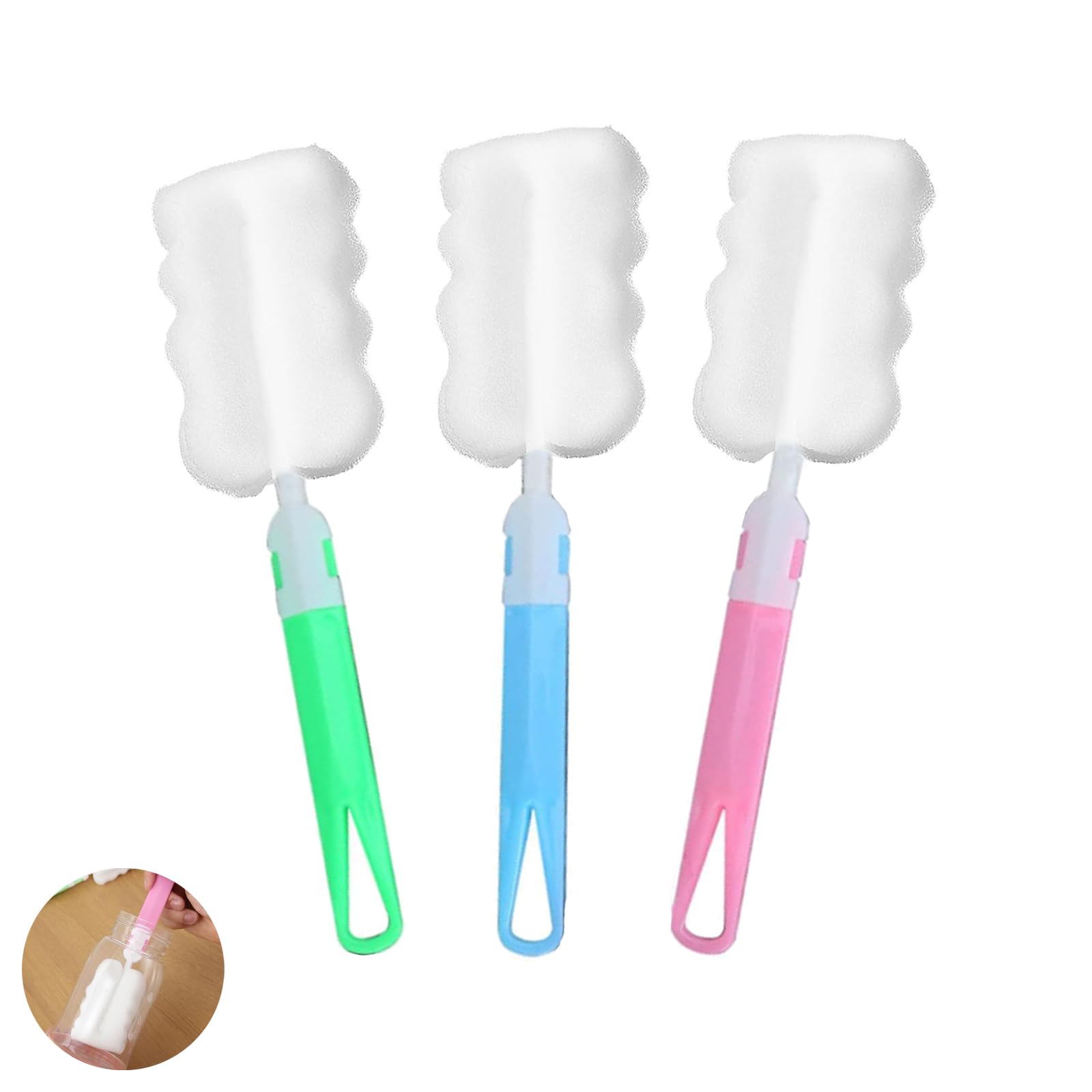 3 PCS Sponge Bottle Brushes, Soft Sponge Foam Bottle Brushes for Cleaning, Sponge with Handle, for Cups Mugs Kettles Wine Glasses and Baby Bottles