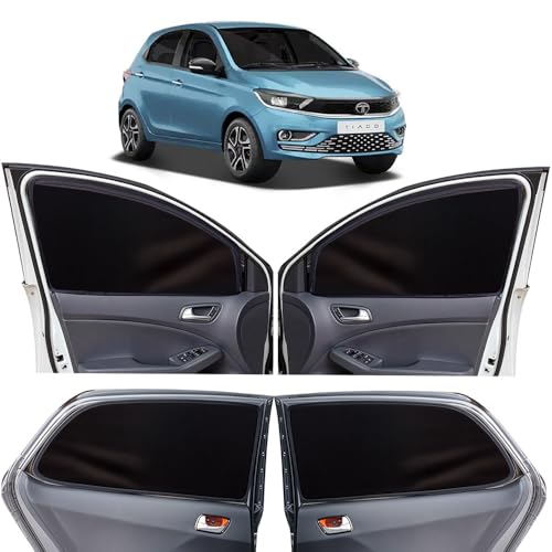 Image of OTO2EYE Car Sun Shade Compatible for Tata Tiago Model 2020 to 2025, Z-Black Super Magnetic Grip, Front Window Zipper, Side Window Curtains, 4 Pieces Set