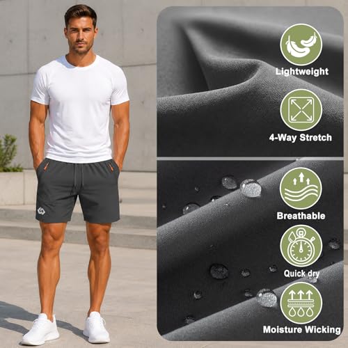 Men's 7" Athletic Gym Shorts with Zipper Pockets, Quick Dry, Iron-gray — view 6
