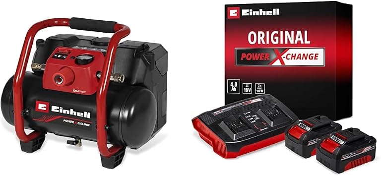 Einhell TE-AC 36/150 Li OF - Solo Ak l  Kompres r + 18V 2 x 4,0 Ah PXC Twincharger Kit, Ak  ve  arj Cihaz  + Spiral Hortum 6 mm, 8 m + Hava Tabancas - Uzun