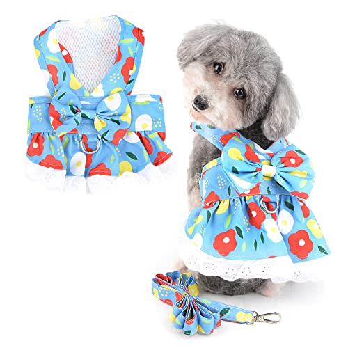 Ranphy Floral Print Dog Clothes for Small Dogs Girl Dog Dress Harness and Leash Set Puppy Cute Bow Skirt Pet Outfits with D-Ring Cat Puppy Apparel, Light Blue, L