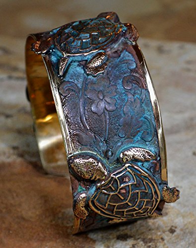 Elaine Coyne Collectible Artwear Classic Sea Turtle Cuff Bracelet - Verdigris Patina Brass4