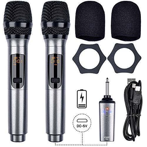 Rechargeable Wireless Microphone,LEKATO Dual Rechargeable Microphones UHF Cordless Karaoke Mic Set with Rechargeable Receiver for Karaoke Singing Meeting DJ Speech Church Wedding Party