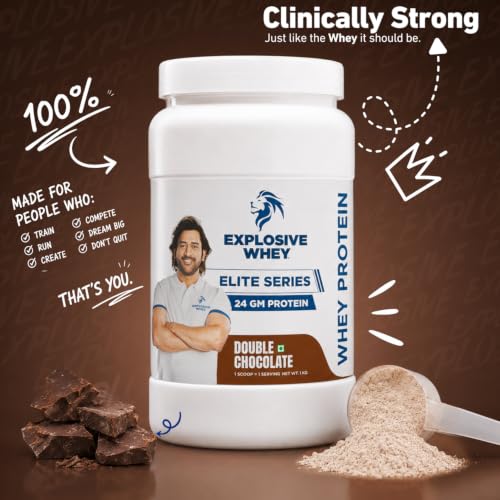 Image of Explosive Whey Elite Series Whey Protein - Trusted by M.S. Dhoni | 24g Protein per Scoop | Premium Concentrate Sport Supplement for Enhanced Muscle Growth and Recovery | Double Chocolate - 2kg (60 Servings), Trustified Certified