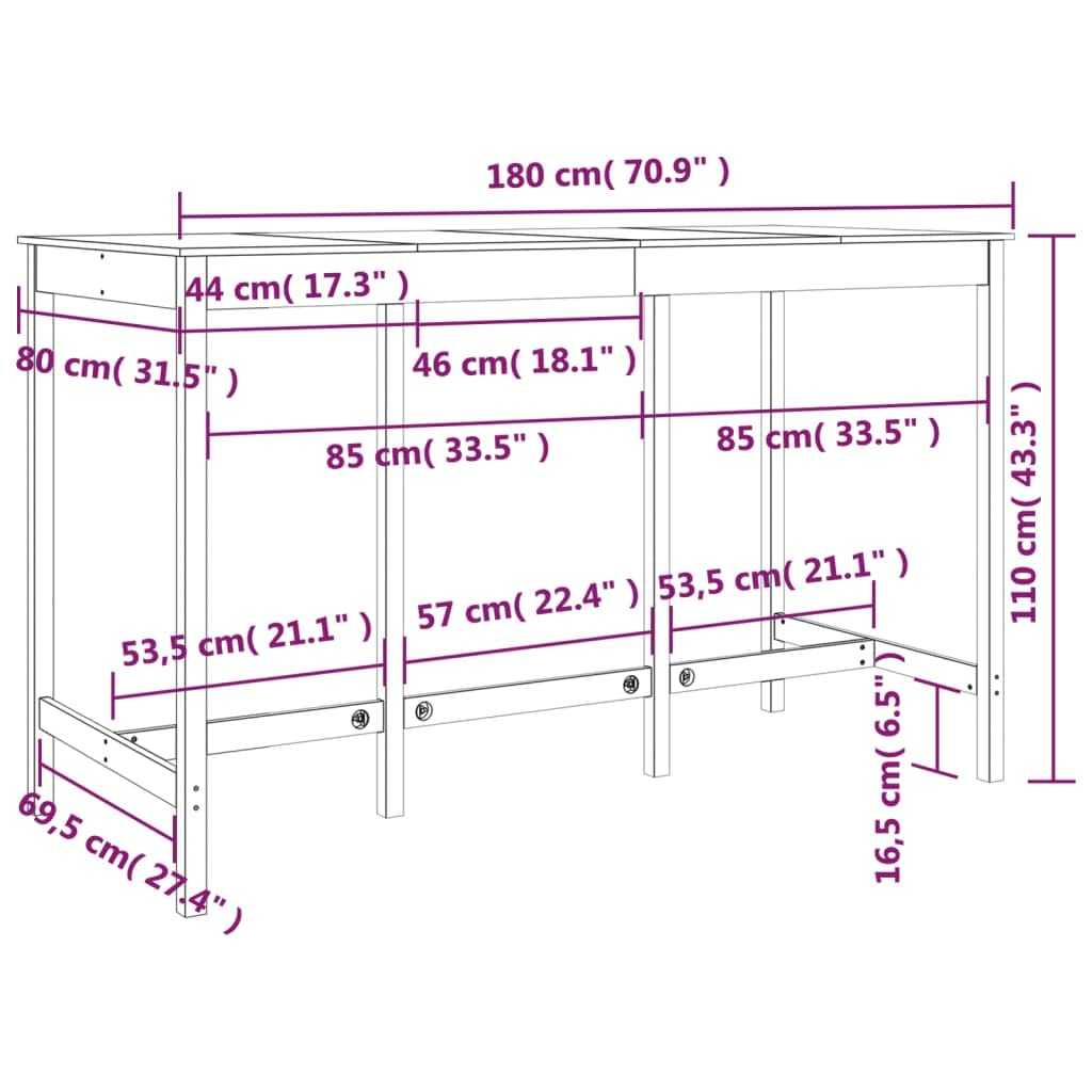 Tavolo da Bar Bianco 180x80x110 cm in Legno Massello di Pino | Mobile alto per cucina e soggiorno in legno naturale, ideale per aperitivi in famiglia e momenti conviviali.