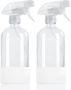 HOMBYS 16 Oz Clear Glass Spray Bottles with Silicone Sleeve,Empty Boston Bottle Spray Bottle with Adjustable Nozzle,Refillable Container for Cleaning, Essential Oils, Hair, Plants