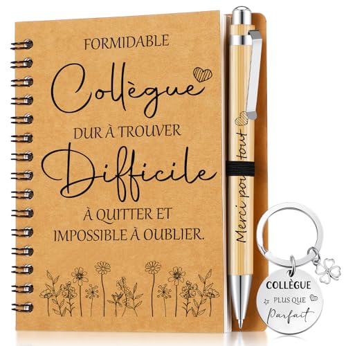 Sinmoe Set de Cadeaux Collègues de Travail Porte-Clés pour Collègues Stylo à Bille en Bois pour Collègue Carnet de Notes Cadeau de Retraite Cadeau d’Appréciation des Employés(FORMIDABLE collègue)