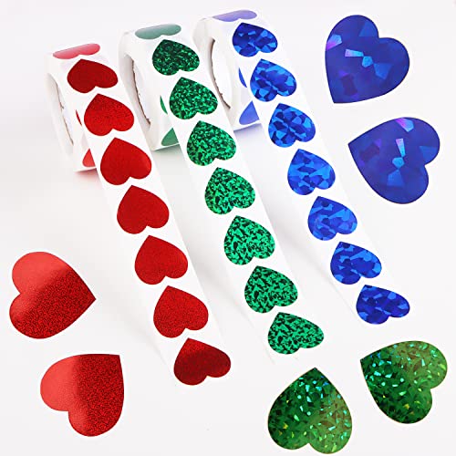 Hearts Stickers, 1500 Pcs Glitter Valentine Stickers, 1” Red Blue Green Roll Self Adhesive Heart Shaped Love Labels For Adult Kids Valentine's Day Anniversaries Wedding Envelope Seal Decoration Decor #TOP10