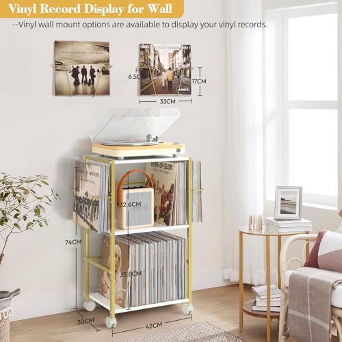 Bikoney Plattenspieler Ständer Rollender Beistelltisch mit Großem Schallplattenständer Vinyl Ständer Wagen für Bis zu 150 Alben… – Ansicht 5