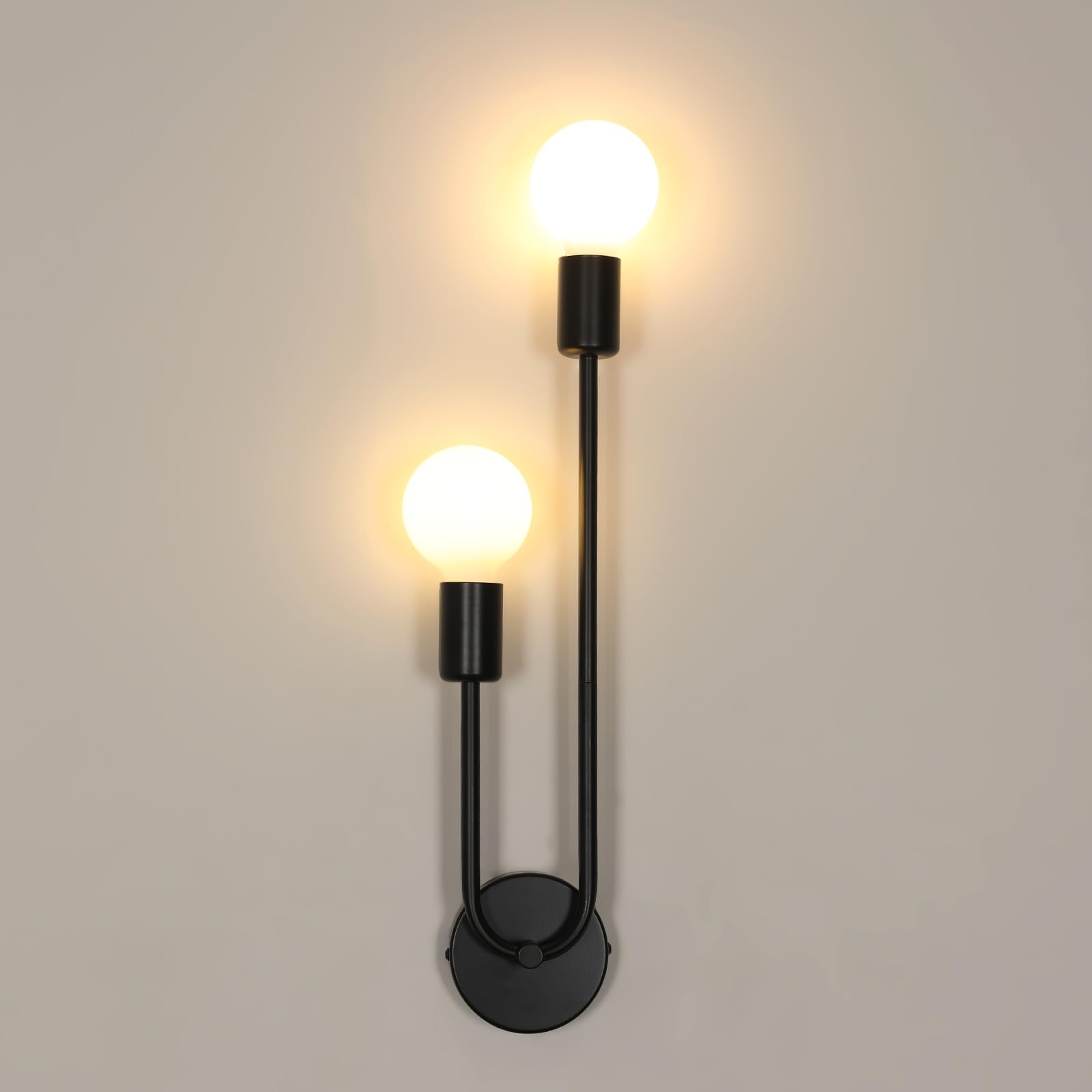 Riserva Aplique de Pared Interior Vintage E27, Lámpara de Pared Industrial Negra Metal para Dormitorio, Pasillo, Salón, Escalera, Hotel, 2 Luces, Lzquierda Baja, Derecha Alta
