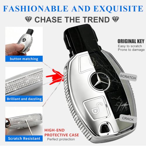Image of Creativity for Mercedes Benz key cover and keychian (Grey Combination) | TPU key box with Rhinestones is compatible with CLS CLK AMG ML C CL E S SL SLK G GLC GLE GLS M R Smart Remote Key