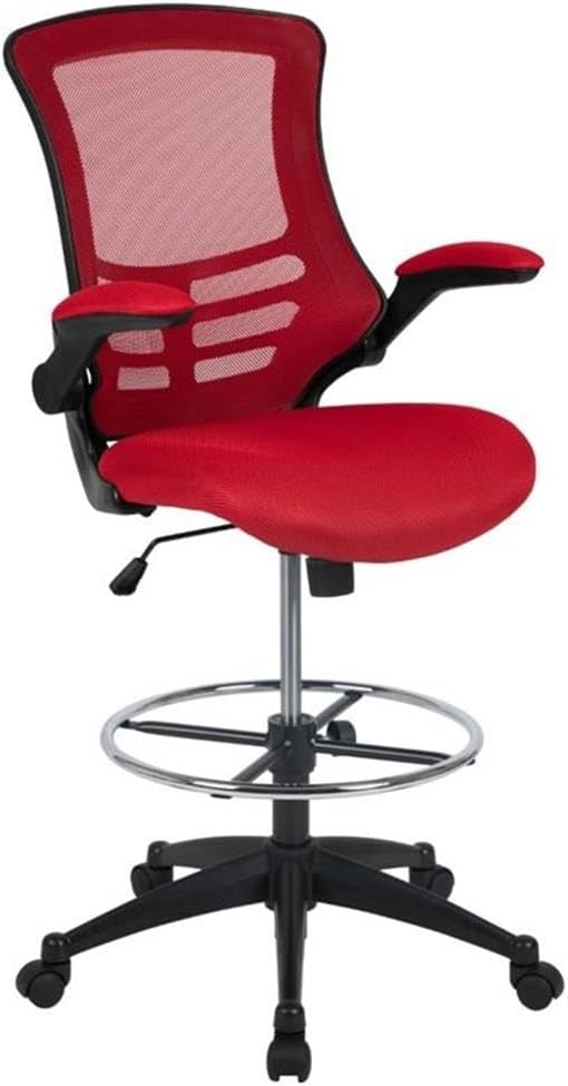 BOWERY HILL Contemporary Mid Back Mesh Drafting Stool, Red Finish, Adjustable Height Ergonomic Chair with Flip-Up Arms, Lumbar Support, Chrome Foot Ring, for Standing Desks or Office
