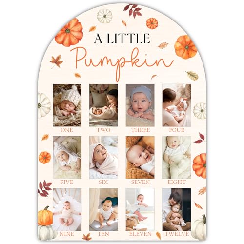 UIBOVA A Little Pumpkin My First Year Photo Board, Fall Pumpkin Baby Milestone Signs for Boys Girls Nursery Decor, 12 Month Wooden Picture Board for 2x3 Photos, Best Babies Keepsake Gifts-A20