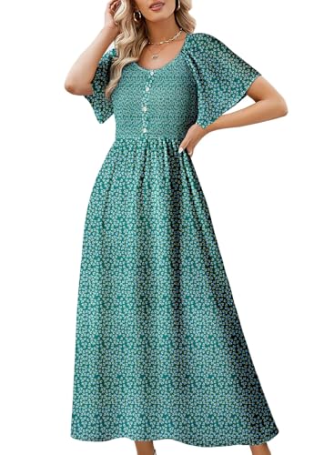 Image of Dokotoo Womens Dresses 2025 Square Neck Tie Backless Summer Dresses Cap Sleeve Floral Buttoned Empire Waist Maxi Dress