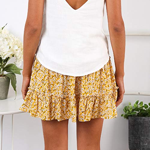 Bestsmile Saia feminina verão casual boêmio cintura alta babado estampa floral saia curta praia (Yel