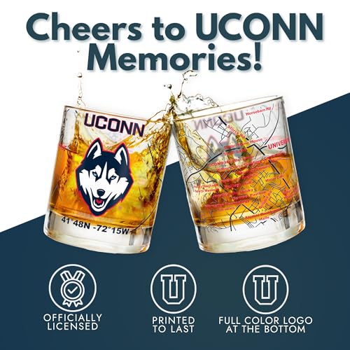 Image of Greenline Goods - University of Connecticut Huskies College Whiskey Glasses (Set of 2), 10 oz - Full-Color Logo + Campus Map