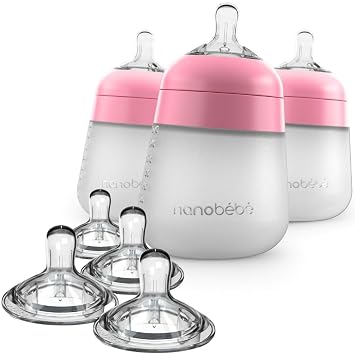 Nanobebe Silicone Baby Bottles 9oz 3pk Pink Bundled with Silicone Baby Bottles Nipples 4pk Slow Flow