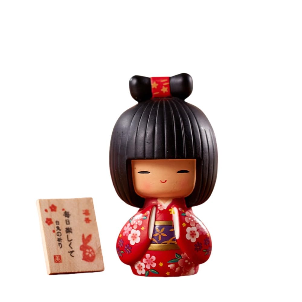 Japanese Kokeshi Kimono Doll Red Resin Figurine 5.5in Tabletop Decor