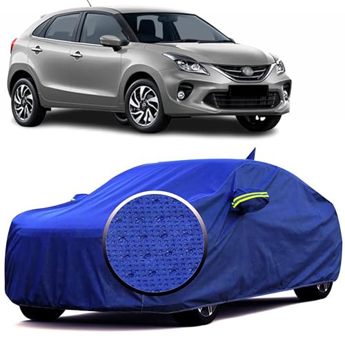 Image of 100% Waterproof 'BlueMax' Car Body Cover for Toyota Glanza New with Mirror Pocket, Heat & UV Protection, Triple Stitched, Soft Lining, Full Bottom Elastic & Reflective Radium (Blue)