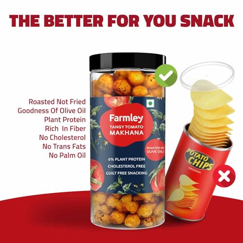 Image of Farmley Roasted and Flavoured Tangy Tomato Makhana | Namkeen Snacks & Puffed Snacks | Healthy Snack | Cholesterol Free | Gluten Free | Rich In Protein & Fiber | Roasted in Olive Oil - 77g Jar