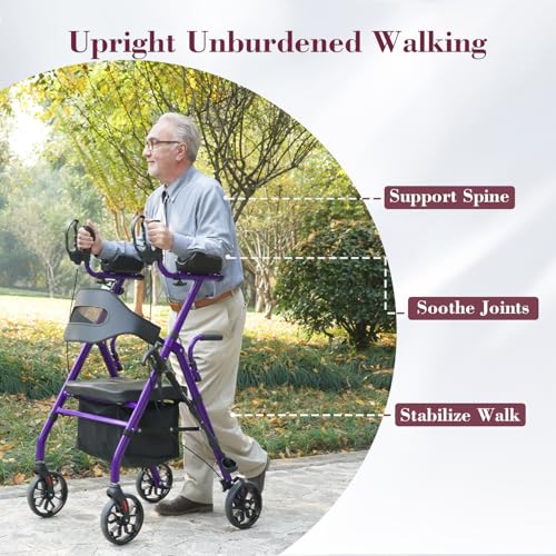 Image of Upright Rollator Walker, Heavy Duty Stand Up Walkers for Seniors with Seat and Reversible Backrest, Foldable Standing Rollator with 8 inch Anti-Slip PU Wheels, Purple