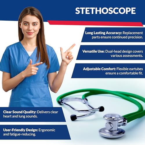 Image of Blood Pressure Monitor and Sprague Stethoscope Kit - 2-Pack, Adult Aneroid Sphygmomanometer with Dual-Head Stethoscope, Adjustable BP Cuff, Carrying Case & Accessories - Green