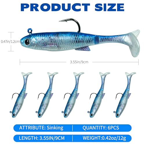 JORMIX 6Pcs Swim Baits for Bass Fishing,Easy Catching Lures Soft Plastic Walleye Fishing Lures,Fishing Gear for Bass Trout Crappie,Paddle Tail Swimbaits Fishing Soft Plastic Lure Kit Blue White - image 3