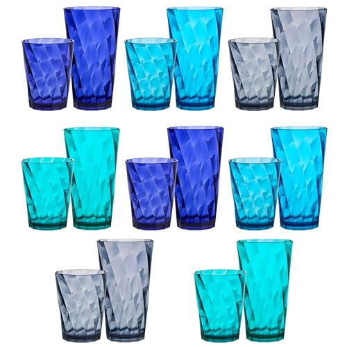US Acrylic Optix Plastic Reusable Drinking Glasses (Set of 16) 14oz Rocks & 20oz Water Cups in Coastal Colors | BPA-Free Tumblers, Made in USA | Top-Rack Dishwasher Safe