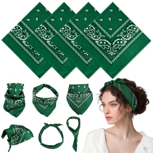 PLULON 4 Pack Green Bandanas for Men Women Paisley Pattern Bandana Bulk Headbands Men Handkerchief Cowboy Face Mask Square Scarf Headwear 100% Polyester