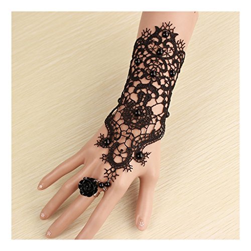 Bridal Black Flower Gothic Victorian Lace Vampire Vintage Women Handmade Bridal Bracelet Ring Set