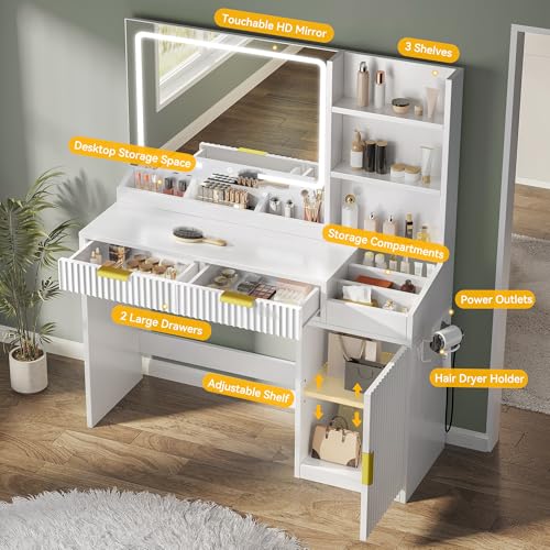 Image of DWVO Fluted Makeup Vanity Desk with Large Mirror and Lights, Makeup Table with Power Outlet, Shelves & 2 Drawers, 3 Color Lighting Modes