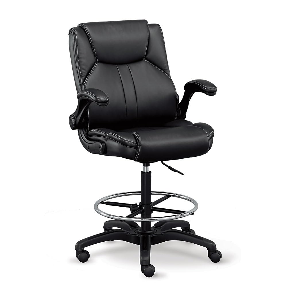 Omega 24/7 Big & Tall Adjustable Stool with Flip Arms in Black Faux Leather, Featuring a Comfortable Foam Seat and Ergonomic Design for Office Use