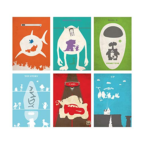 Disney and Pixar Animations Minimalist Poster Set 6 Alternative Movie Print Finding Nemo Monsters Inc Wall E Toy Story 123 Cars Up Home Decor Illustration Cinema Artwork Wall Art Hanging Cool Gift