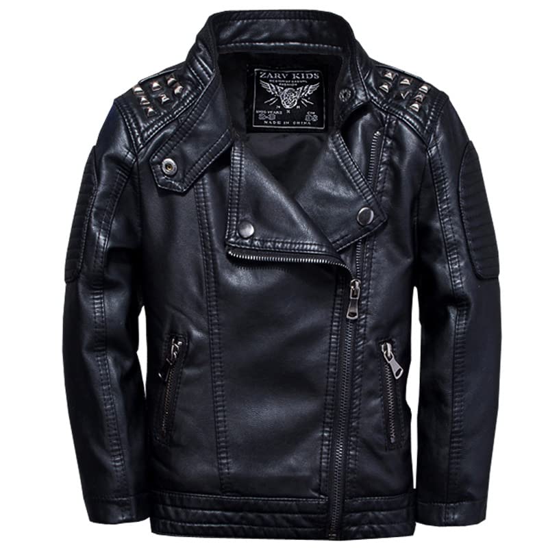 Lengender Veste cloutée en Simili Cuir Garçon - Blouson Motard Printemps Automne - Manteau Imitation Cuir Enfant (Noir, 130)
