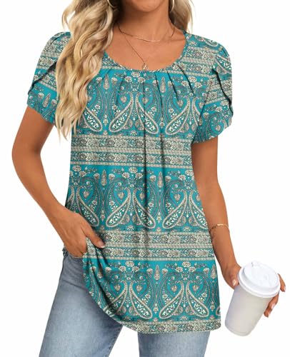 Anymeet Women's Tops Casual Beautiful Soft Summer Spring Fall Petal Short Sleeve Relaxed Fit Swing Blue-khaki 3X-Large