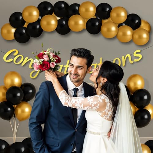 Image of Party Propz Congratulations Decoration Items - Set of 42 Pcs Congratulations Banner For Decoration | Black and Golden Balloons | Graduation Decoration | Happy Retirement Decoration (Latex, Cardstock)